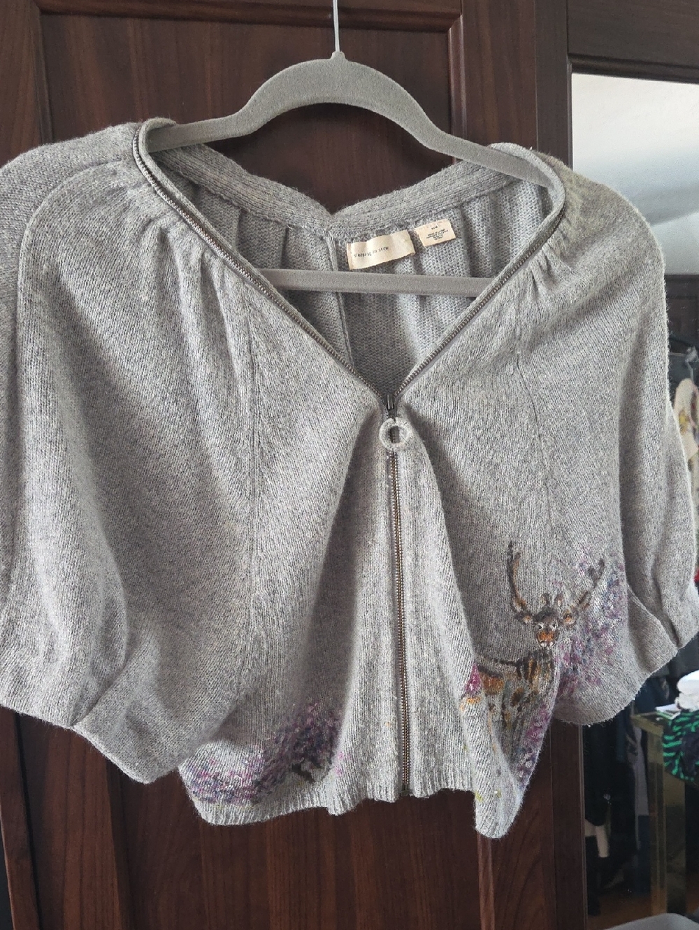 Anthropologie Light Gray Zip-Front Cropped Knit Shrug with Deer Embroidery